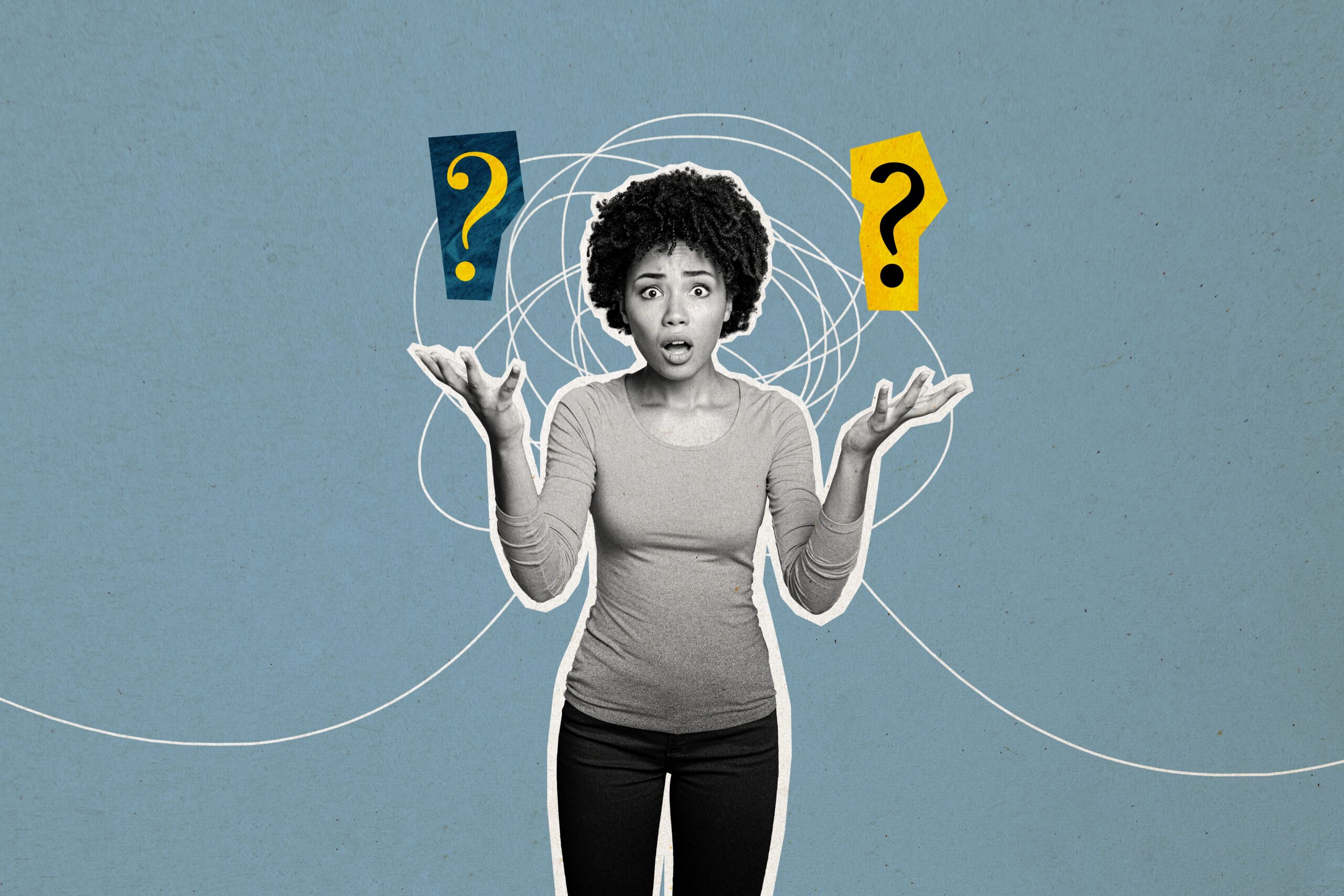 A person standing with their palms facing upwards towards two question marks.